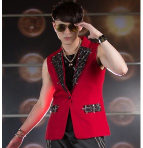 Red sequins lapel collar men's male mans  fashion competition stage performance singer dj ds jazz club party hip hop punk rock dance tops vests blazer